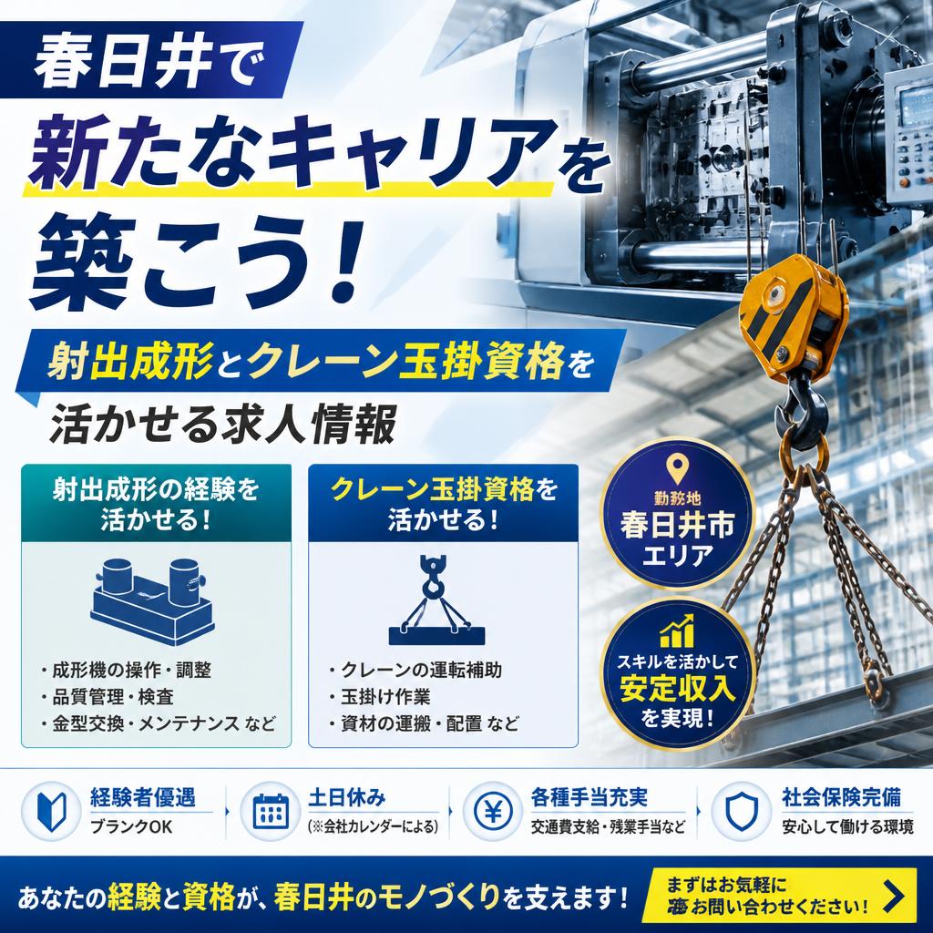 春日井で新たなキャリアを築こう！射出成形とクレーン玉掛資格を活かせる求人情報